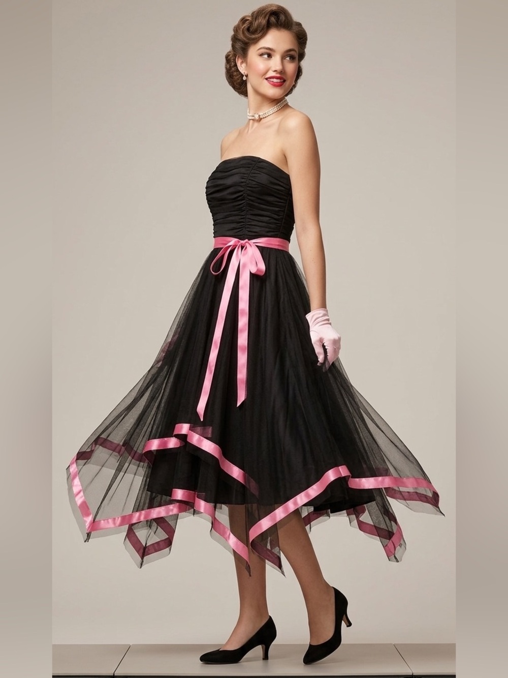 Cachê vintage black asymmetrical hem tulle strapless dress with pink satin trim